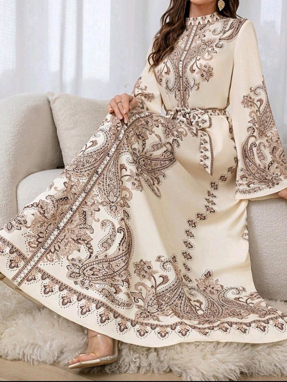 Cream Embroidered Maxi Dress with Paisley Trim